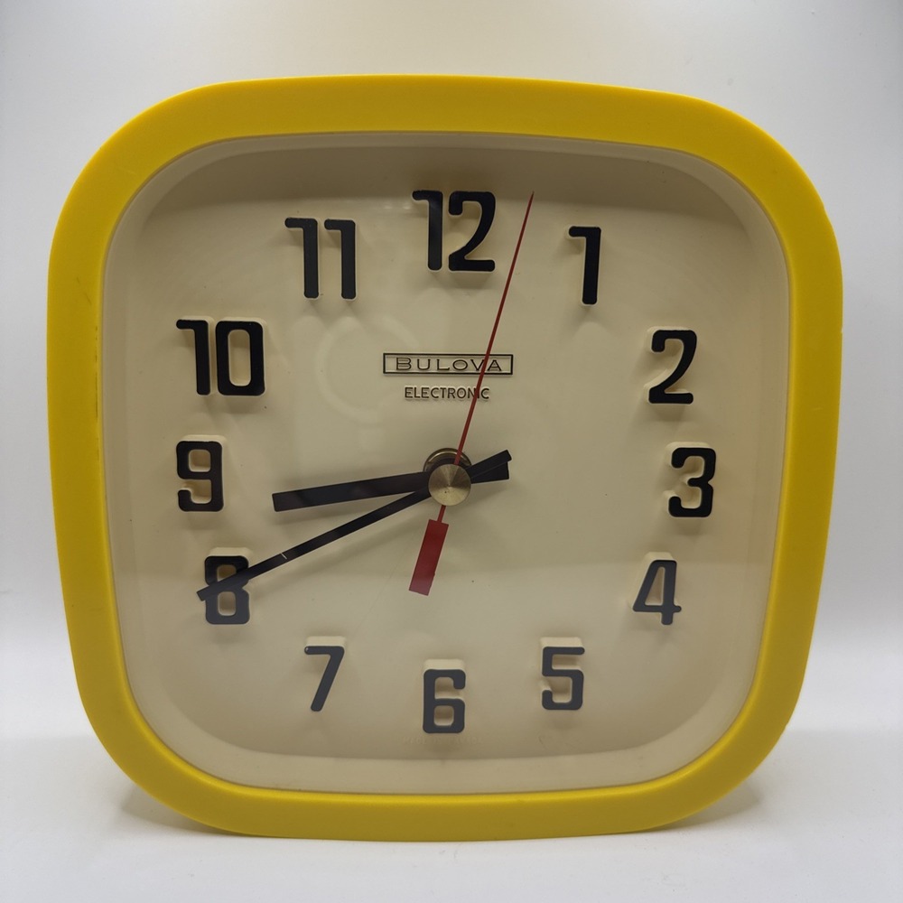 Vintage 60s Bulova Wall Clock Yellow Retro Mod Plastic Analog Battery Op Germany